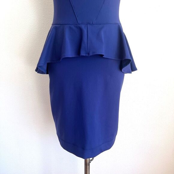 Bebe Blue Stretchy Bodycon Dress with Peplum and Mesh Size Medium - Picture 3 of 13